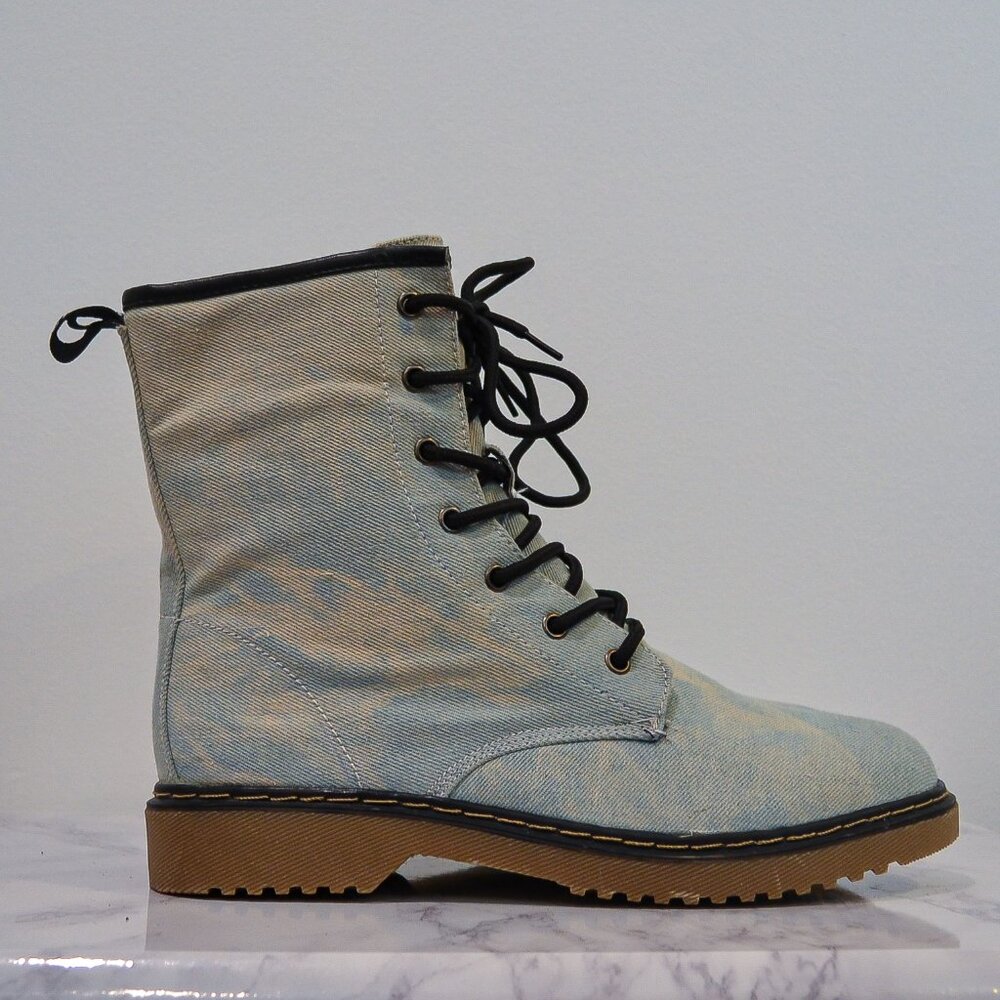 LADY GODIVA | LIGHT DENIM BLEACHED COMBAT BOOTS
